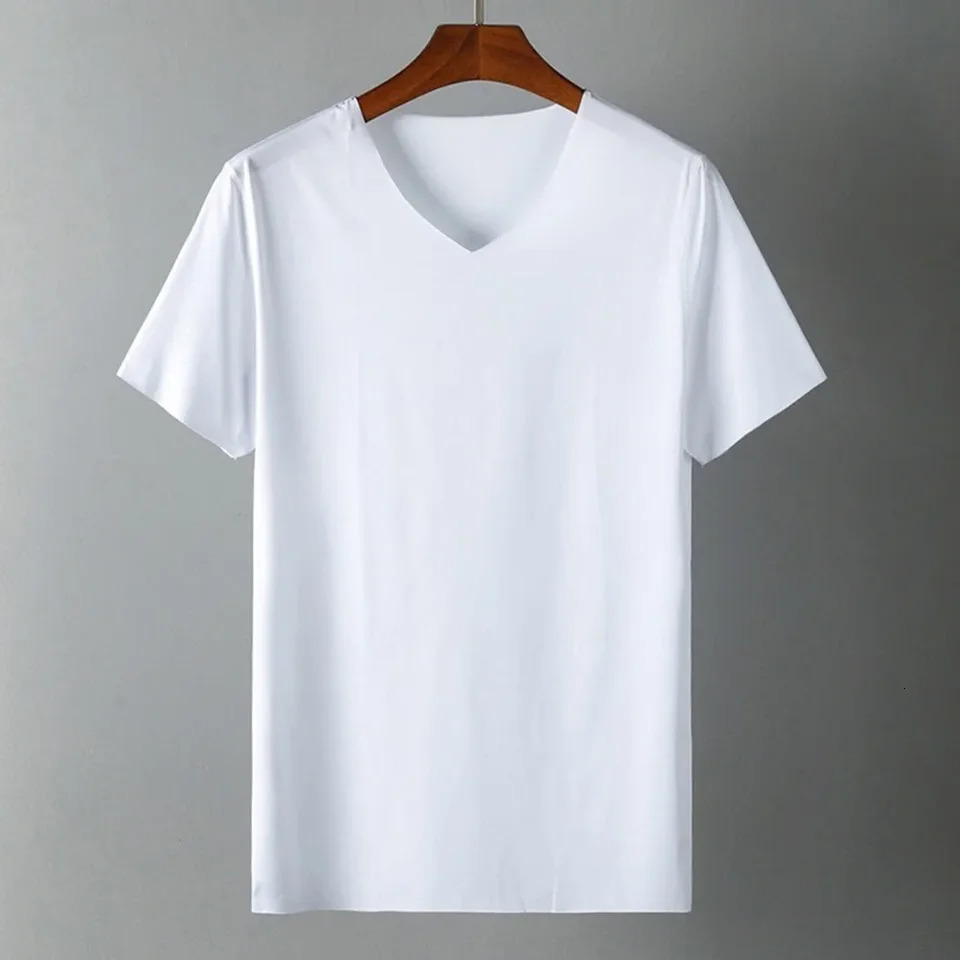 Mens T-shirt Ice Silk Seamless Short Sleeve Blouse Summer Cool V-Neck Slim Fit Everyday T Shirts Breathable Basic Clothing 250225