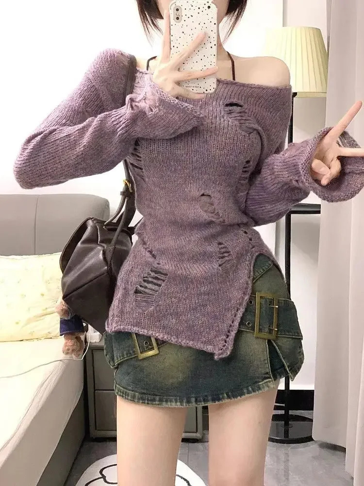 Slash Neck Hollow Out Knitted Sweater Women Loose Sweet Y2k Aesthetic Jumpers Japanese Casual Split Pullovers Trendy Tops Shirts 250210