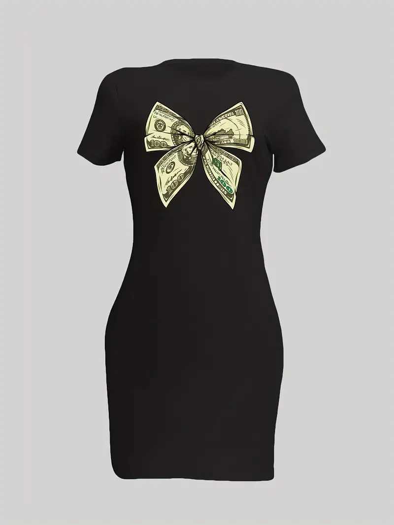 Money Print Charm flat Sve Bodycon dress with work collar breathable suitable for casual parties for women in spring and summerXJ250224