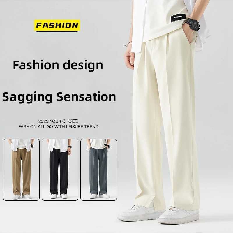 2024 New Casual Set Pants Lightweight Korean Mens Straight Pants Loose Half Width Sports Pants Soft Wide Leg Long Bag Trouser W250225