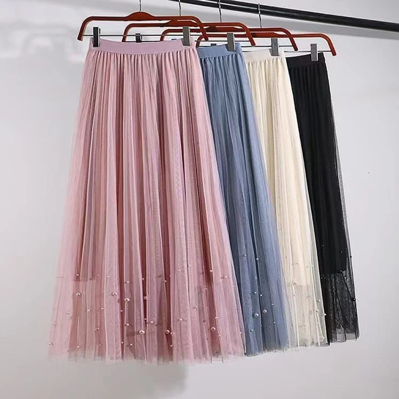Long Skirt Korean Fashion Harajuku Kawaii Y2k Midi Maxi Tulle Skirt Summer Autumn Sttreetwear High Waist Vintage Black Skirt 250225