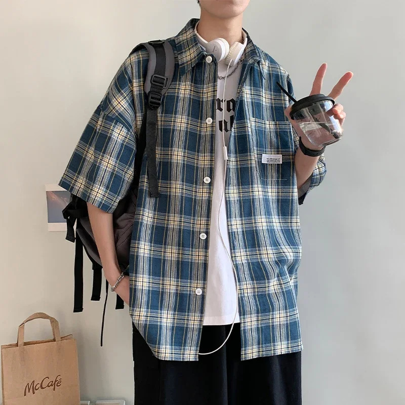 Y2k Streetwear Plaid Men Shirts Summer Fashion Chemise Homme Fashion Mens Checkered Shirts Short Sleeve Men Blouse 250220