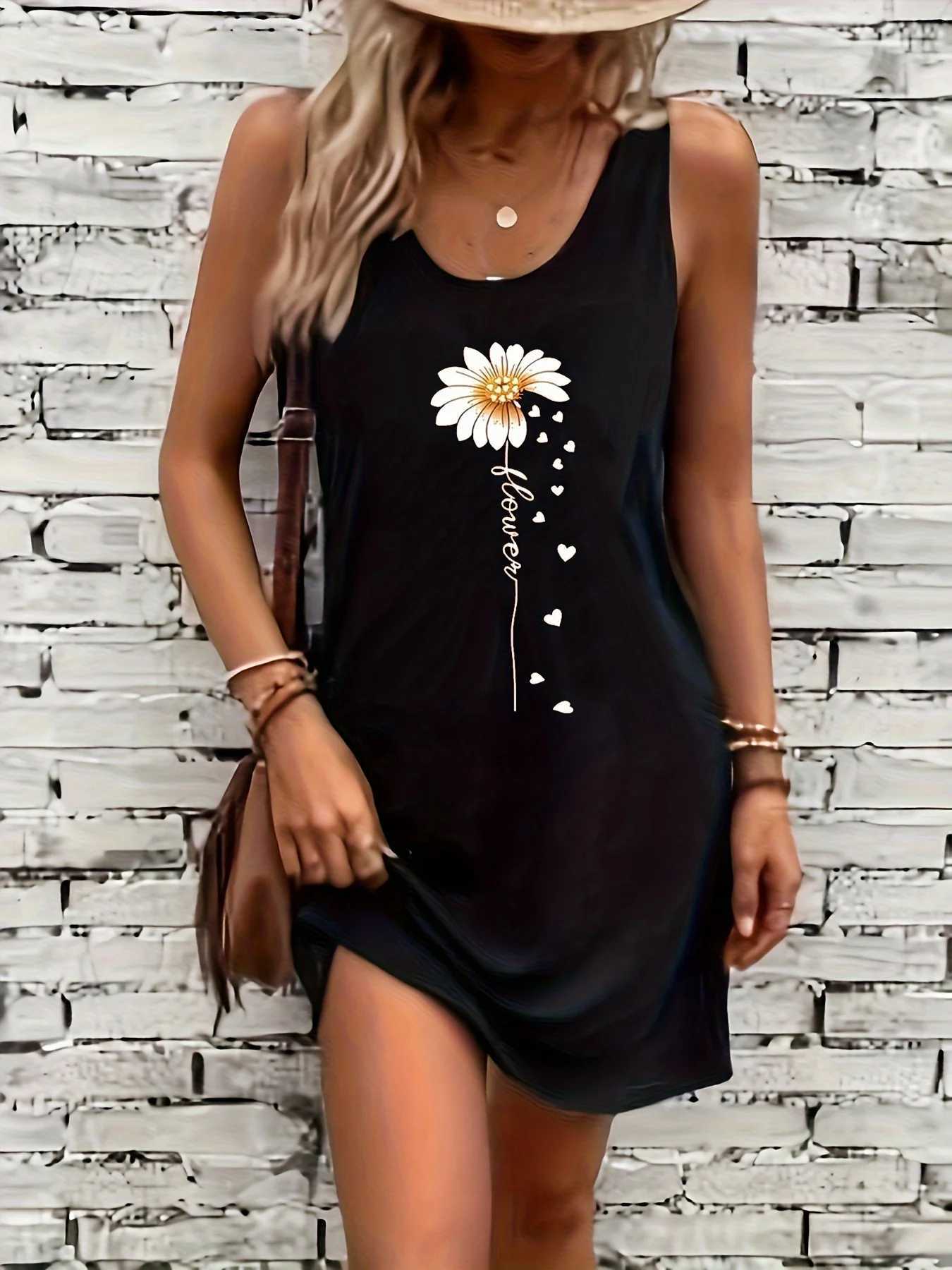 Summer black sexy dress Womens Suower Print Casual Slim Fit Sveless Round Neck T-shirt Mini DressXJ250224