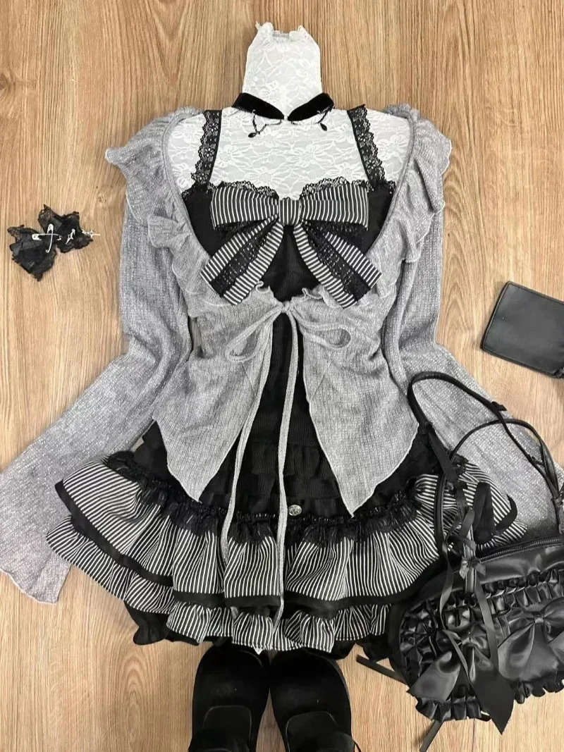 Sweet Lolita Lace Up Ruffles Cardigan Sexy Slim Fit Strapless Vest Tops High Waist Ruched Skirts Early Autumn Three Piece Sets 250224