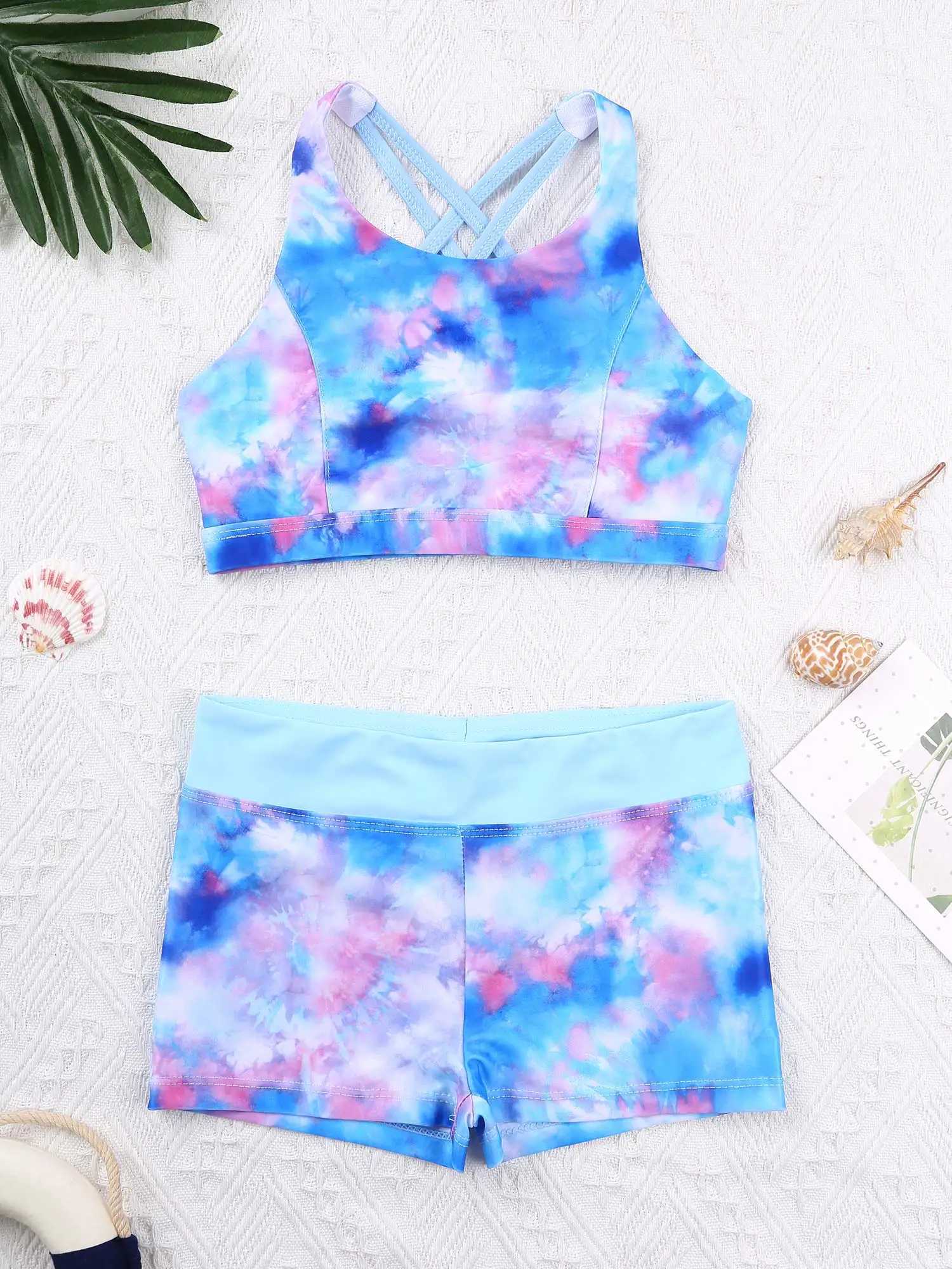 Girls Swimwear 2Pcs Summer Swimsuit Sleeveless Crisscross Back Printed Top+Boyshorts Bottom Kids Bikini sets Children Beach Wear X250224