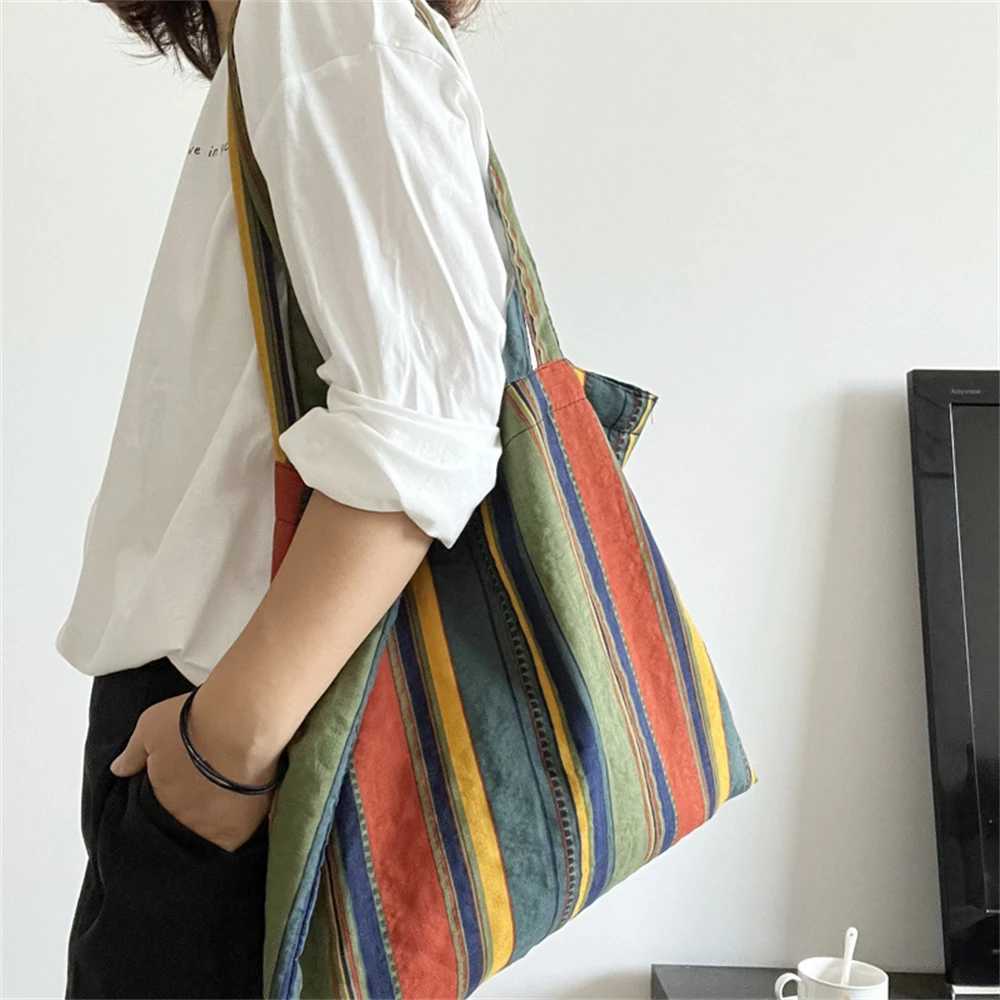 Womens Canvas Shoulder Bag Rainbow Striped Linen Shopping Bag Eco Large Capacity Handbag Tote for Girls Christmas Gifts Z250224