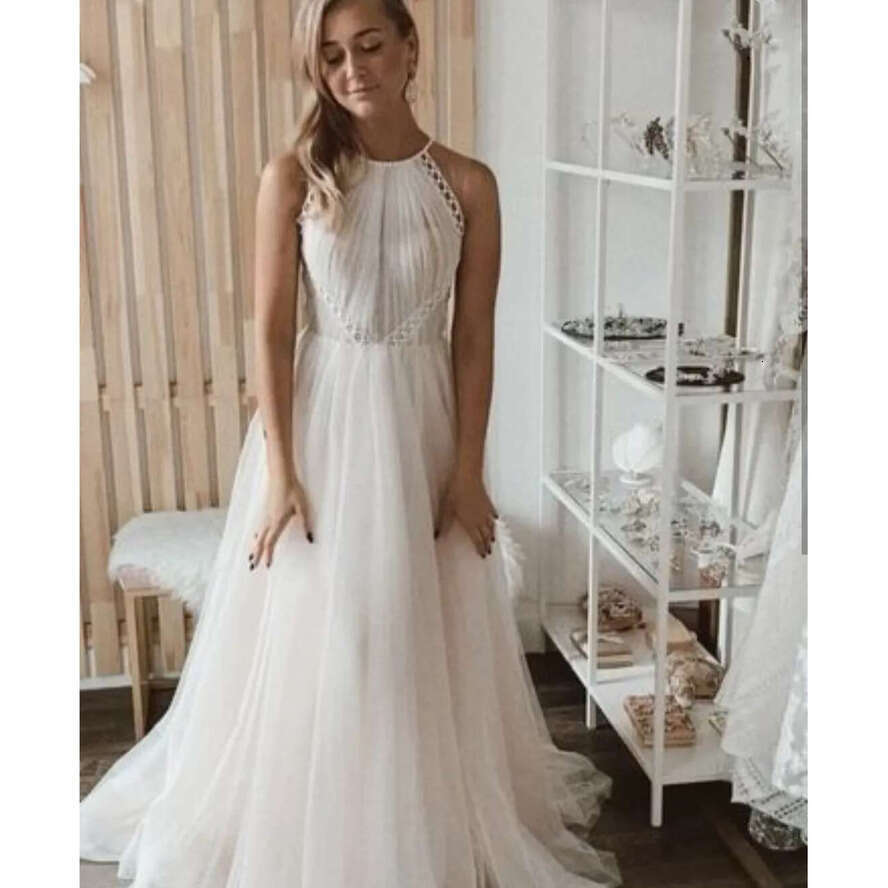 Halter Wedding Dress Boho Sleeveless Tulle A-E Robe De Mariee For Women Bridal Gowns Court Train White Pleat Lace Appliques