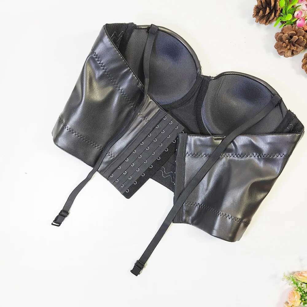 New womens designer clothing Black PU Leather Corset Top Crop Bustier Bra Push Up Bodice Sexy Gerie With Chest Pad Party Sho