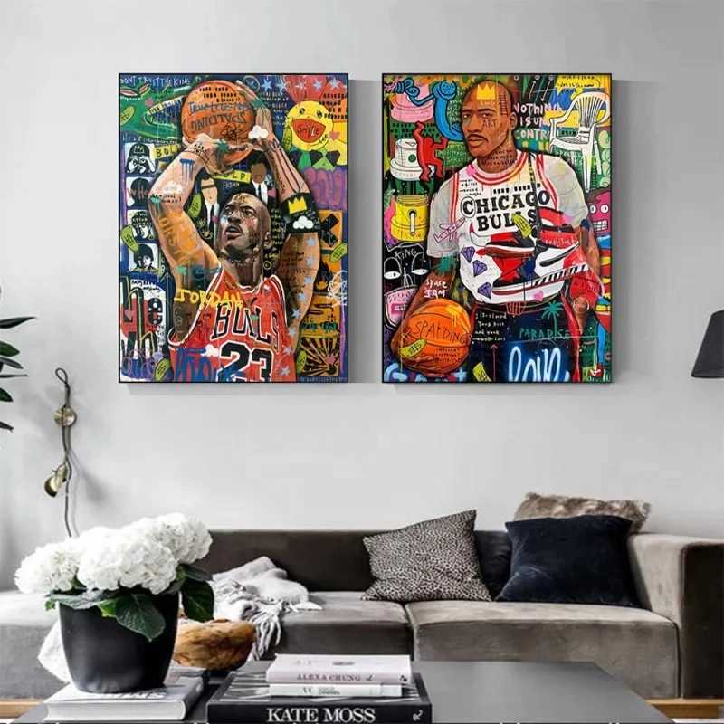 Popular murals modern home decor canvas painting and printing living room decoration street graffiti basketball celebrity wall art posters Y250224