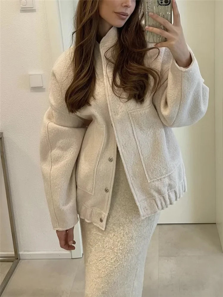 Woman Fashion Loose Gray Warm Baseball Jacket Spring Casual Oversized Bomber Jacket Vintage Thick Warm Outwear 250224