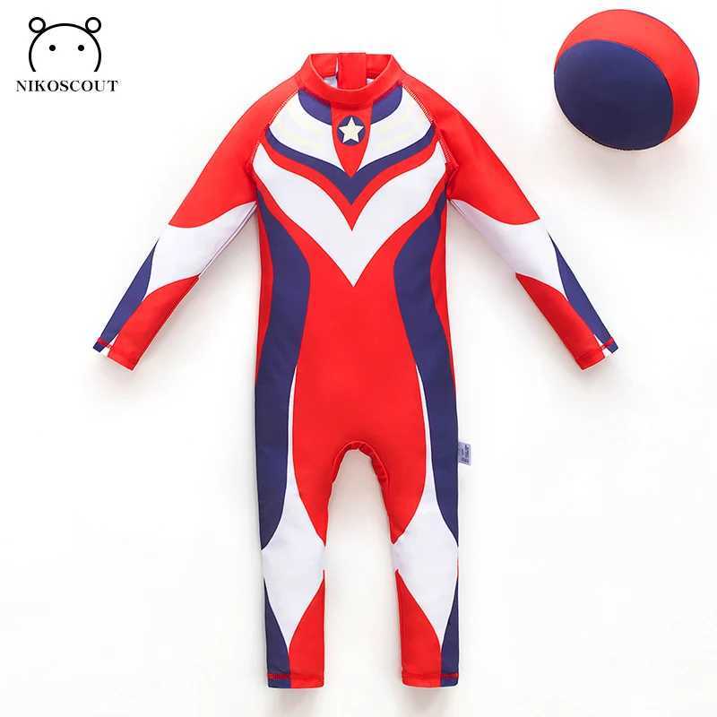 Childrens swimsuit for boys elementary school boys teenagers long sleeved sunscreen one-piece cartoon style new swimsuit for older children X250224
