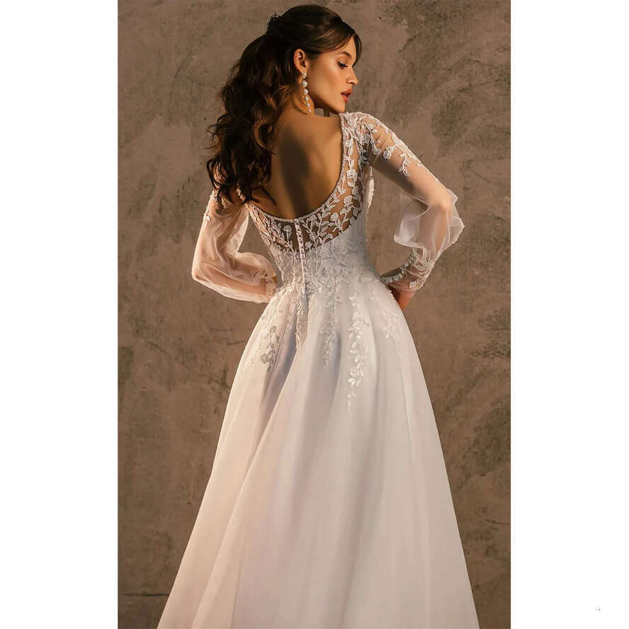 Simple A E Women Wedding Long Sleeves Backless Bridal Gowns Lace Appliques Sweep Train Dress Custom Made Vestidos De Novia
