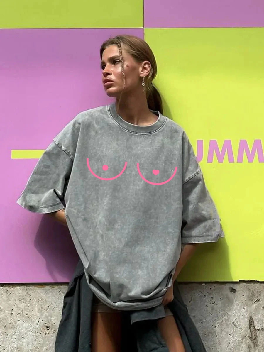 Summer Cotton Washed T Shirts Women Heart Funny Graphic T-Shirt Y2k Loose Casual Retro Short Sleeve Tee Hip Hop Streetwear 250224