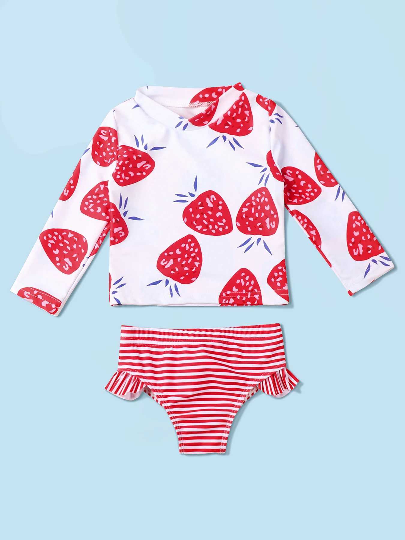 Baby Girls Two Piece Swimsuit Strawberry Print Swimwear Kids Swimming Clothing Long Sleeve Summer Beachwear Bathing Suit X250224