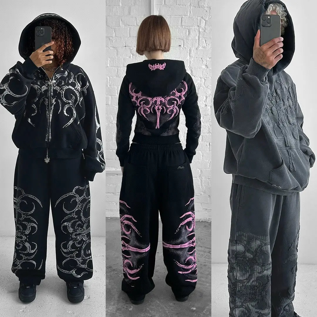 Y2k Gothic Style Mens Suit Black Print Zipper Hooded Sweatshirt Simple Cotton Hip Hop Large Size Loose Print Jogger Pants Unisex 250225
