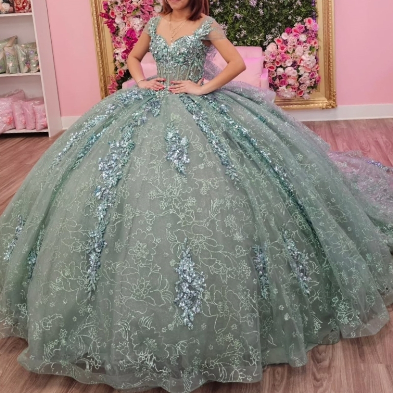 Mint Green Shiny Quinceanera Dresses Ball Gown Off The Shoulder Sequin Applique Lace Beads Tull Party Birthday Sweet 16 Dress Vestidos 15 Anos