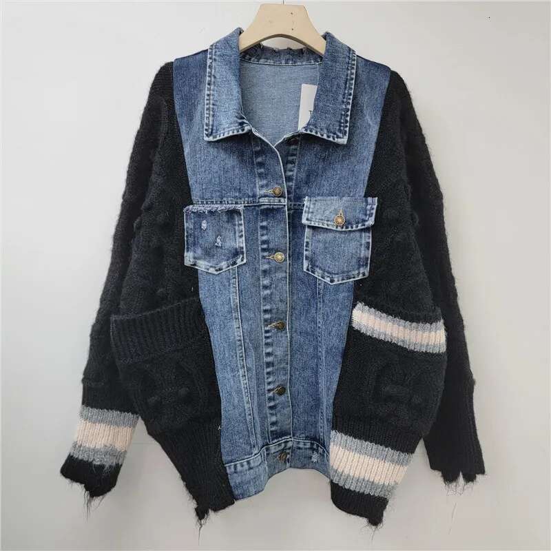 Getspring Women 2024 Autumn Denim Ed Knitted Cardigan Fashion All Match Single Breasted Losoe Casual Knit Sweater