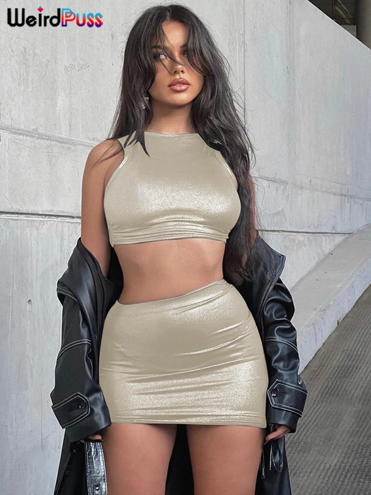 Weird Puss See Through Shiny 2 Piece Set Women Simple Waistless Tank TopsShirring Sexy Skirt Matching Streetwear Trend Outfits 250224