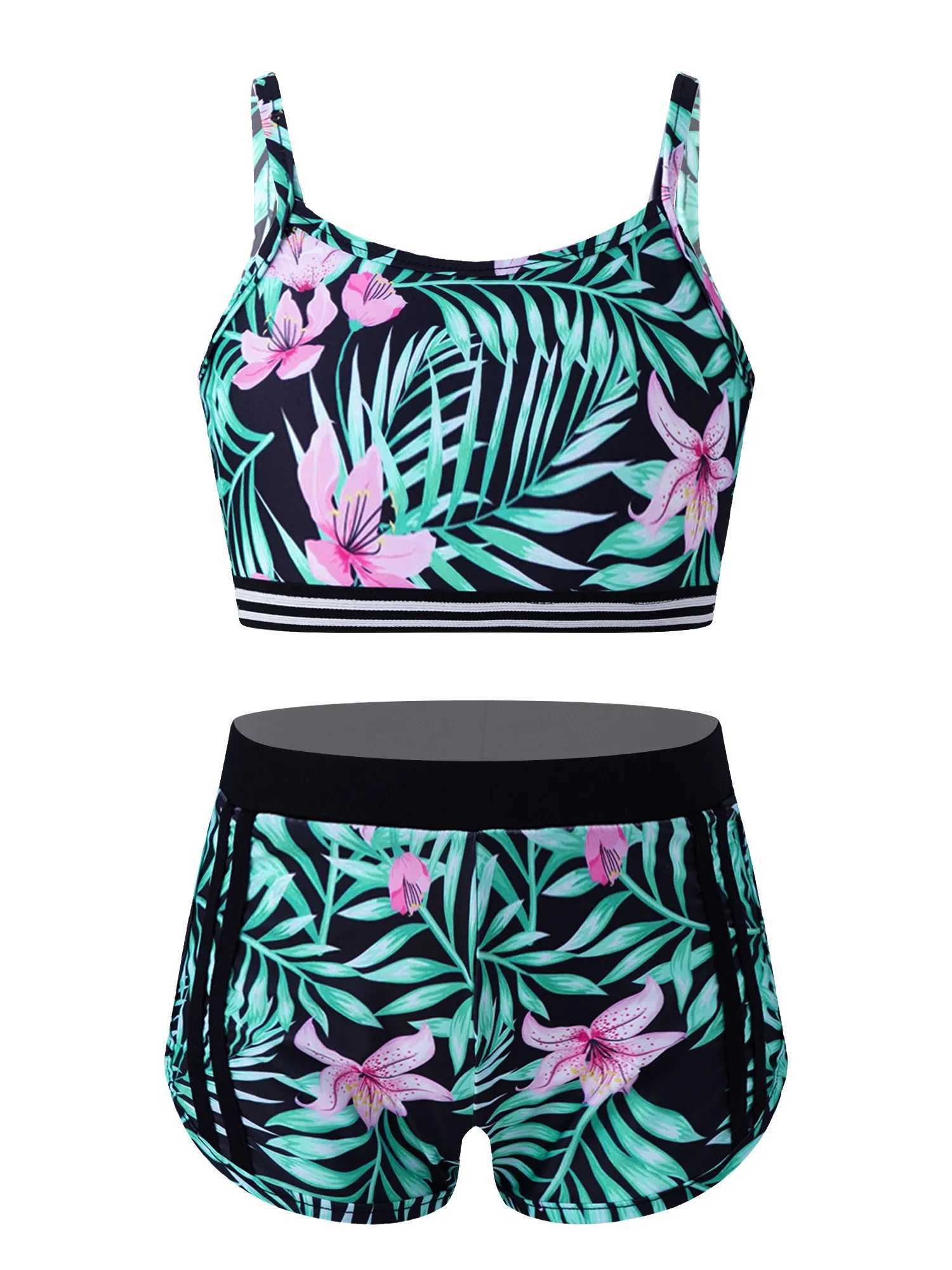 Children Girls Tankini Swimwear Spaghetti Straps Print Crop Top with Shorts Briefs Swimsuit Beach Pool Water Park Bathing Suit X250224