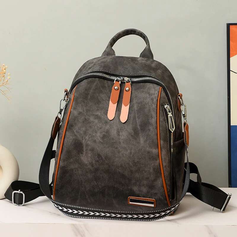Retro Soft Leather Ladies Vintage Rivet Design Large Capacity Student Multi-Pocket Solid Color Casual Backpack