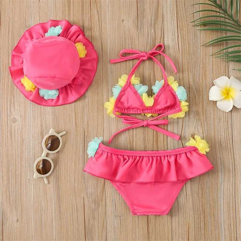 Infant Baby Girl Swimsuit 3D Flower Sleeveless Halter Tank Top Bikini Bottom with Sun Hat Set 0-24M X250224