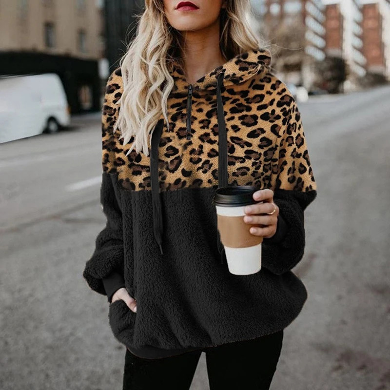Casual Loose Plush Leopard Patchwork Hoodies Women Zipper Tops Long Sleeve Drawstring Hooded Warm Autumn Sweatshirt With Pockets 250225