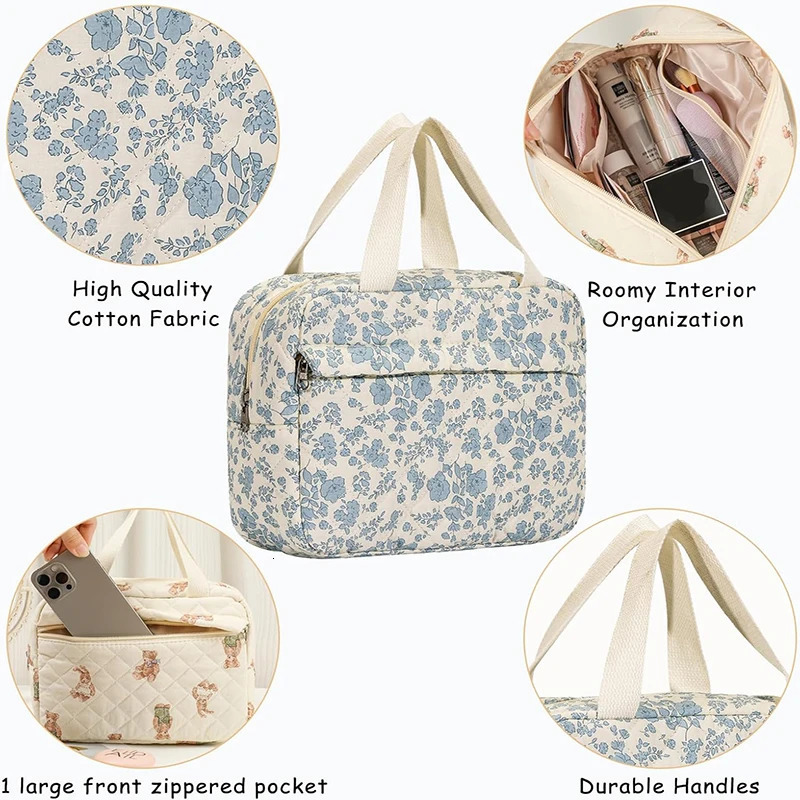 Cotton Quilted Makeup Brush Storage Floral Cosmetic Bag Zipper Travel Toiletry Bag Large Capacity Makeup Organizer Toiletry Bag 250221