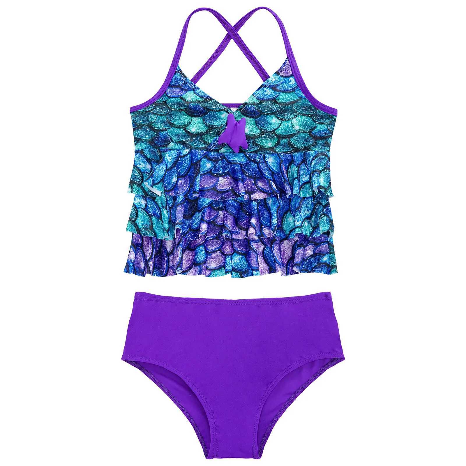 Kids Girls Fish Scales Mermaid Bathing Suit Two-piece Bikini Swimsuit Sleeveless Tops with Briefs Tankini Swimwear Beachwear X250224
