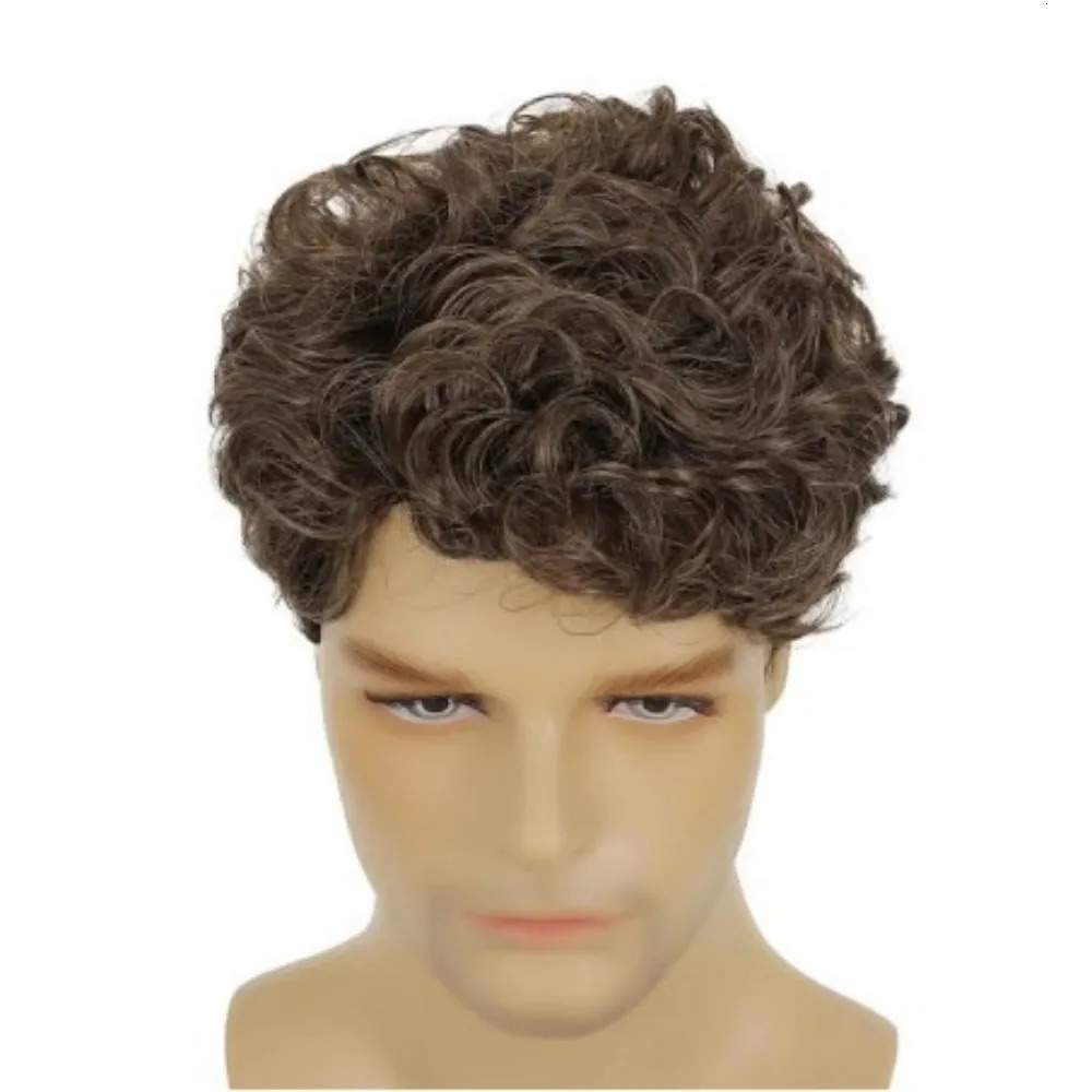 Brown Synthetic Wig Short Curly Hair Fluffy Fashion Men Short Curly Hair High Temperature Silk Chemical Fiber Head Cover 250224