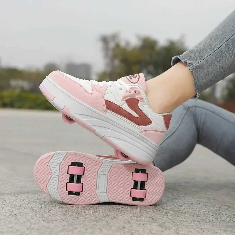 New Four Wheel Womens and Girls PU Leather Childrens Roller Shoes Fashion Boys Sports Shoes Breathable Childrens Skateboarding Size 30-40 W250225