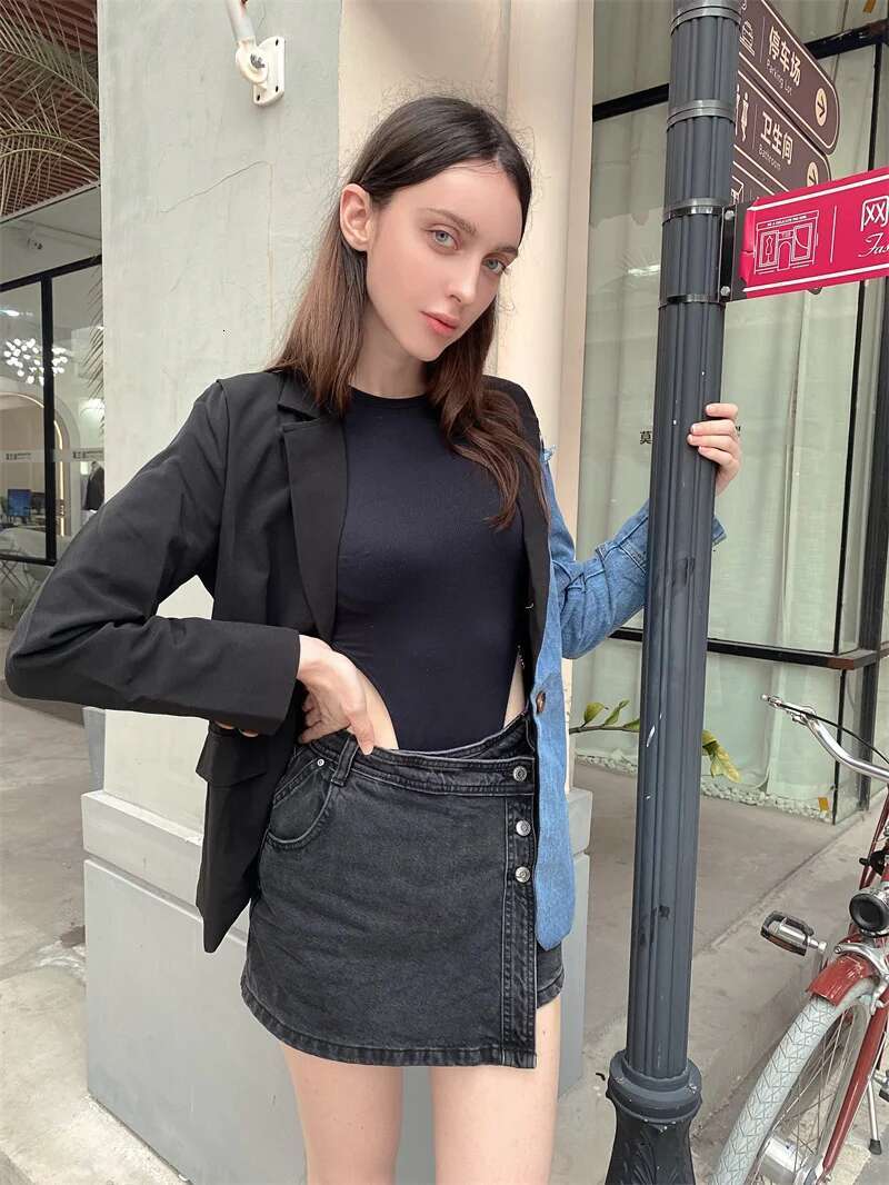 Vintage Fashion Blazer Denim Patchwork Jackets Autumn Winter Irregular Coat Women Long Sleeve Loose Korean Outerwear