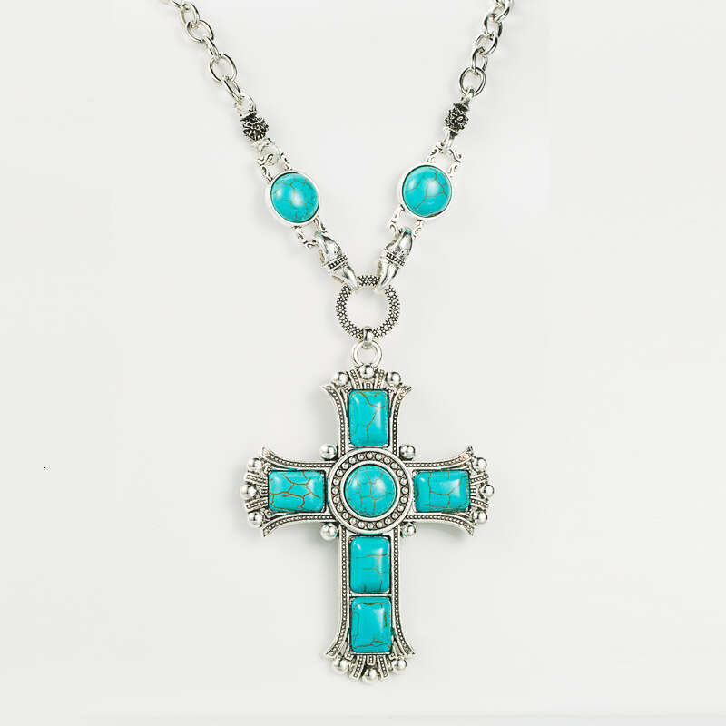 Exaggerated personality cross shaped necklace for women with multiple layers olloy inlaid turquoise sweater chain pendant jewelry
