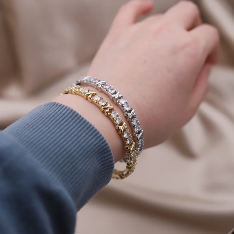 2024 French n fashion jewelry twocolor plated zircon letter X opening bracelet elegant womens daily work accessories 250220
