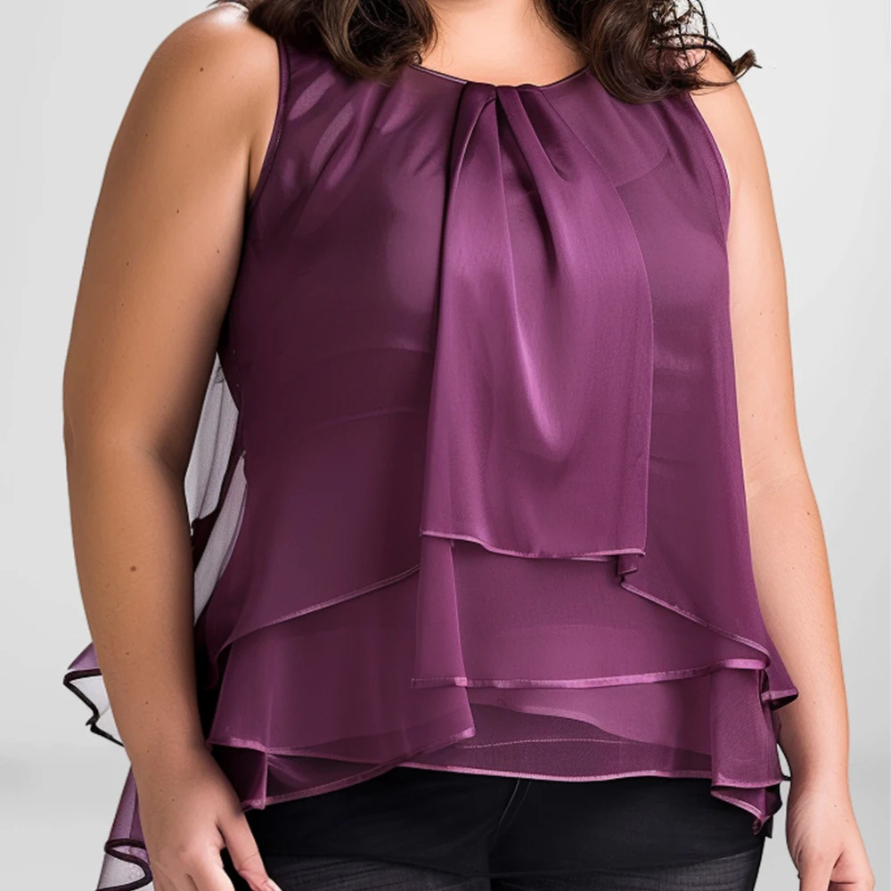 Plus Size Women Clothing Everyday Casual Dark Purple Chiffon Layered Overlay Fold Tank Top Round Neck Shirts 250224