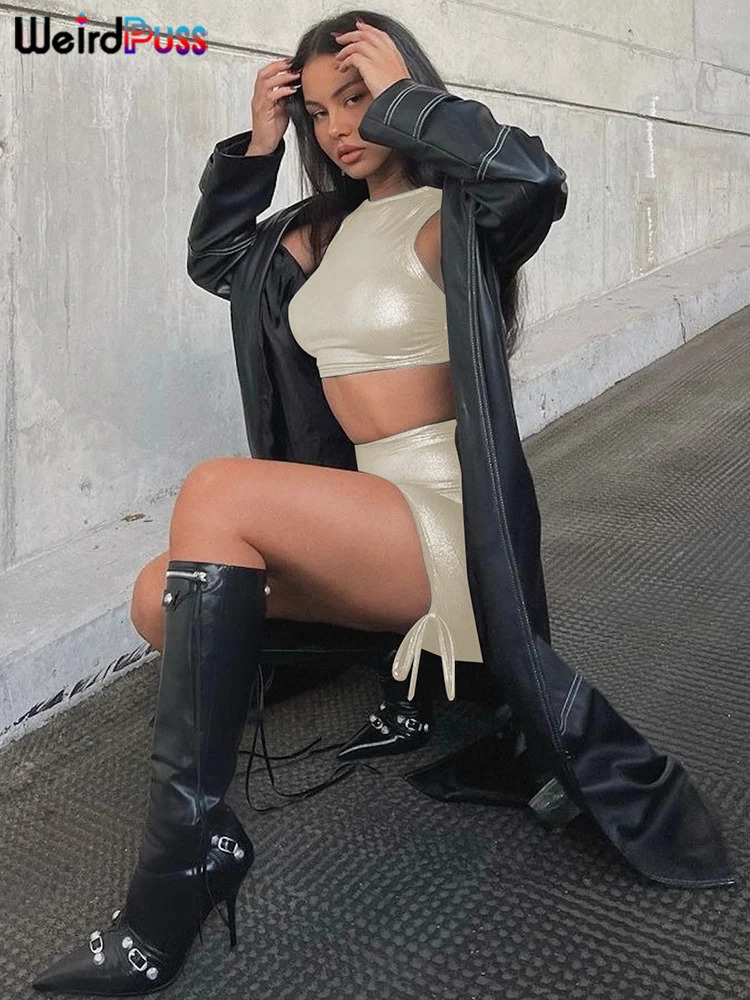 Weird Puss See Through Shiny 2 Piece Set Women Simple Waistless Tank TopsShirring Sexy Skirt Matching Streetwear Trend Outfits 250224