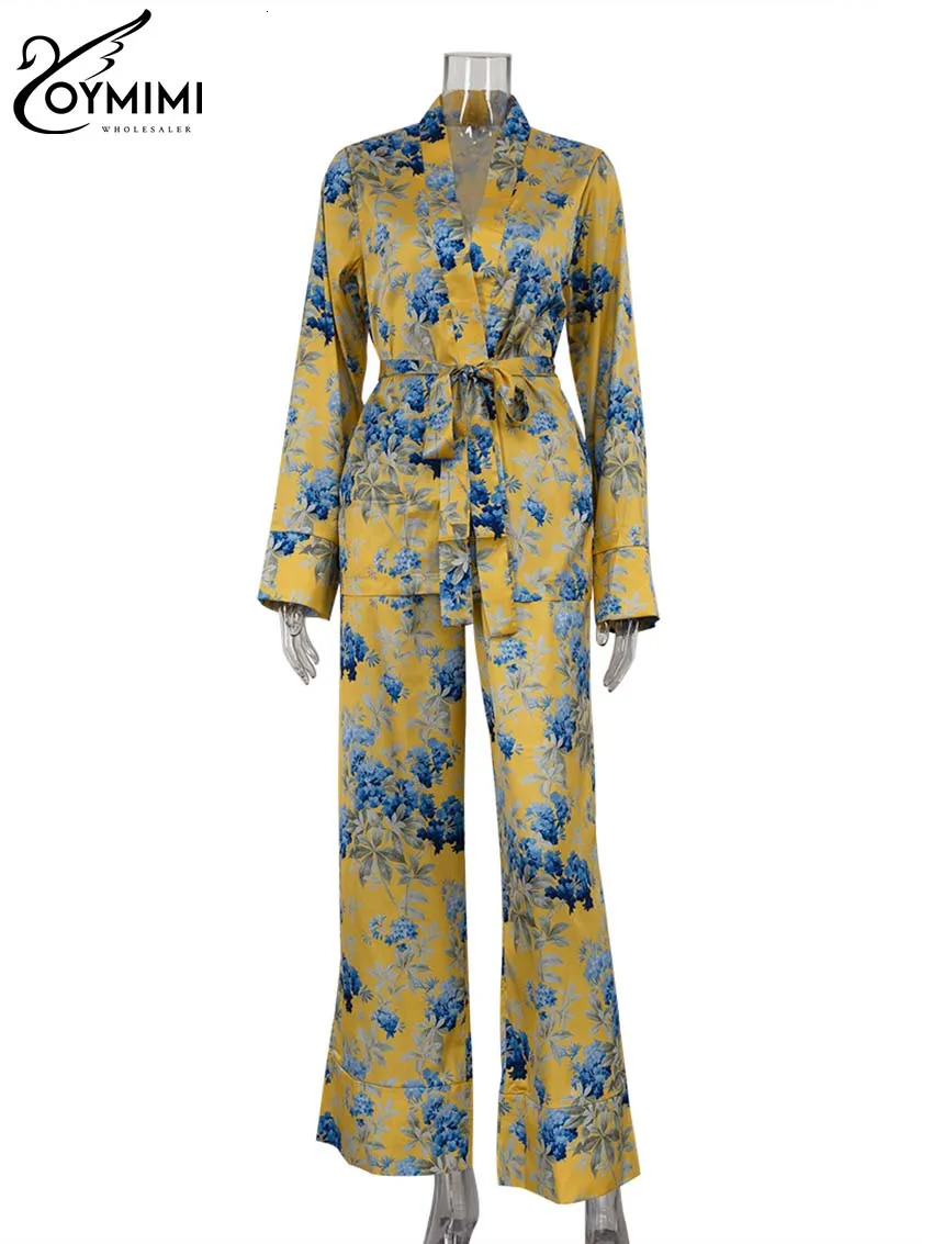 Oymimi Fashion Yellow Print Womens 2 Piece Outfit Set Casual Satin Long Sleeve Lace-Up Shirts And Drawstring Straight Pants Sets 250225