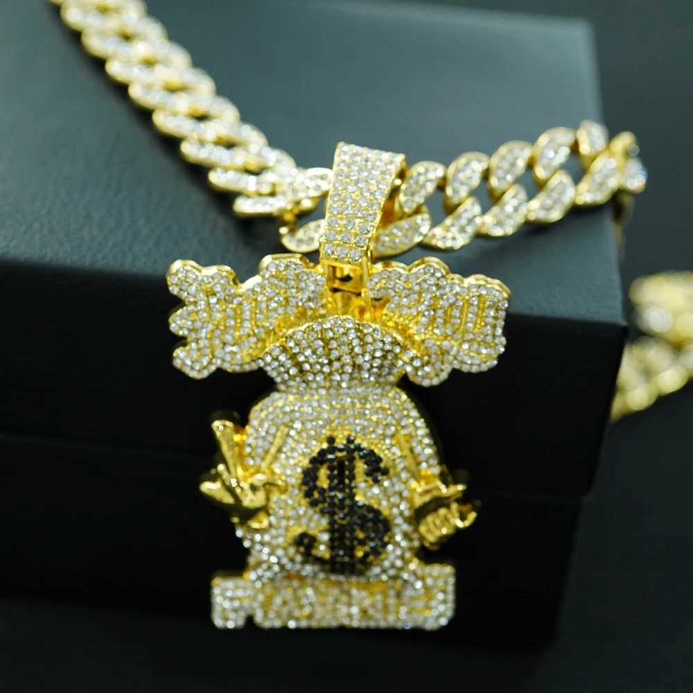 2024 New style d out 15mm big cuban chain punk alloy and fl bling rhinestone cartoon money bag pendant necklace X250224