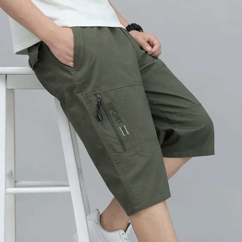 Mens Cargo Shorts Knee Pants Zipper Pocket Summer Cotton Shorts Climbing Jogger Elastic Waist Sports Wear 250225