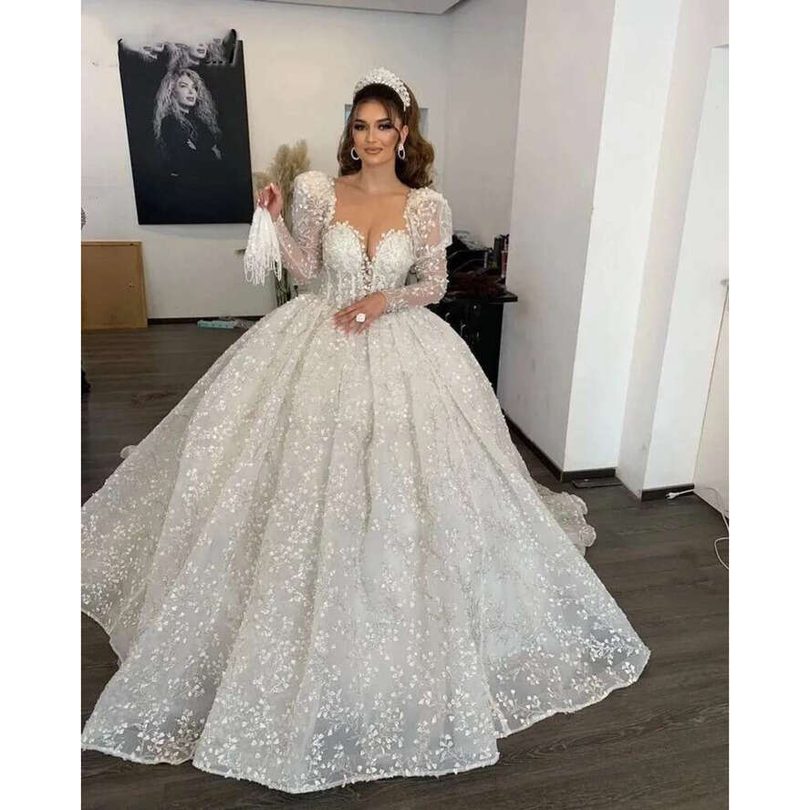 3D Ral Wedding Dresses Long Sleeves Applique Sheer Neck Arabic Bridal Gowns For Women Princess Vestido De Noiva