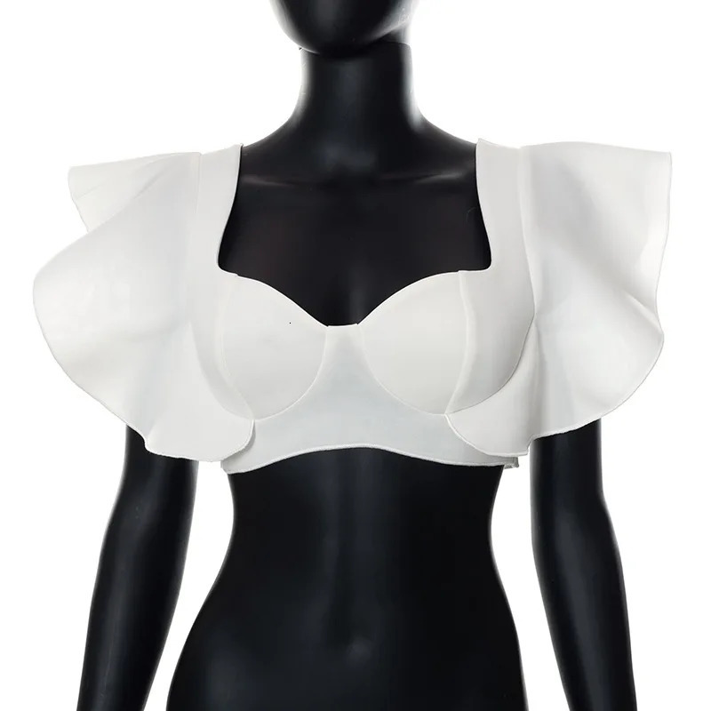 Elegant Ruffle Women Tanks Tops Solid Navel Sweet Style Skinny Short Sleeve Club Party White T-Shirt Summer Female Tank tops 250224