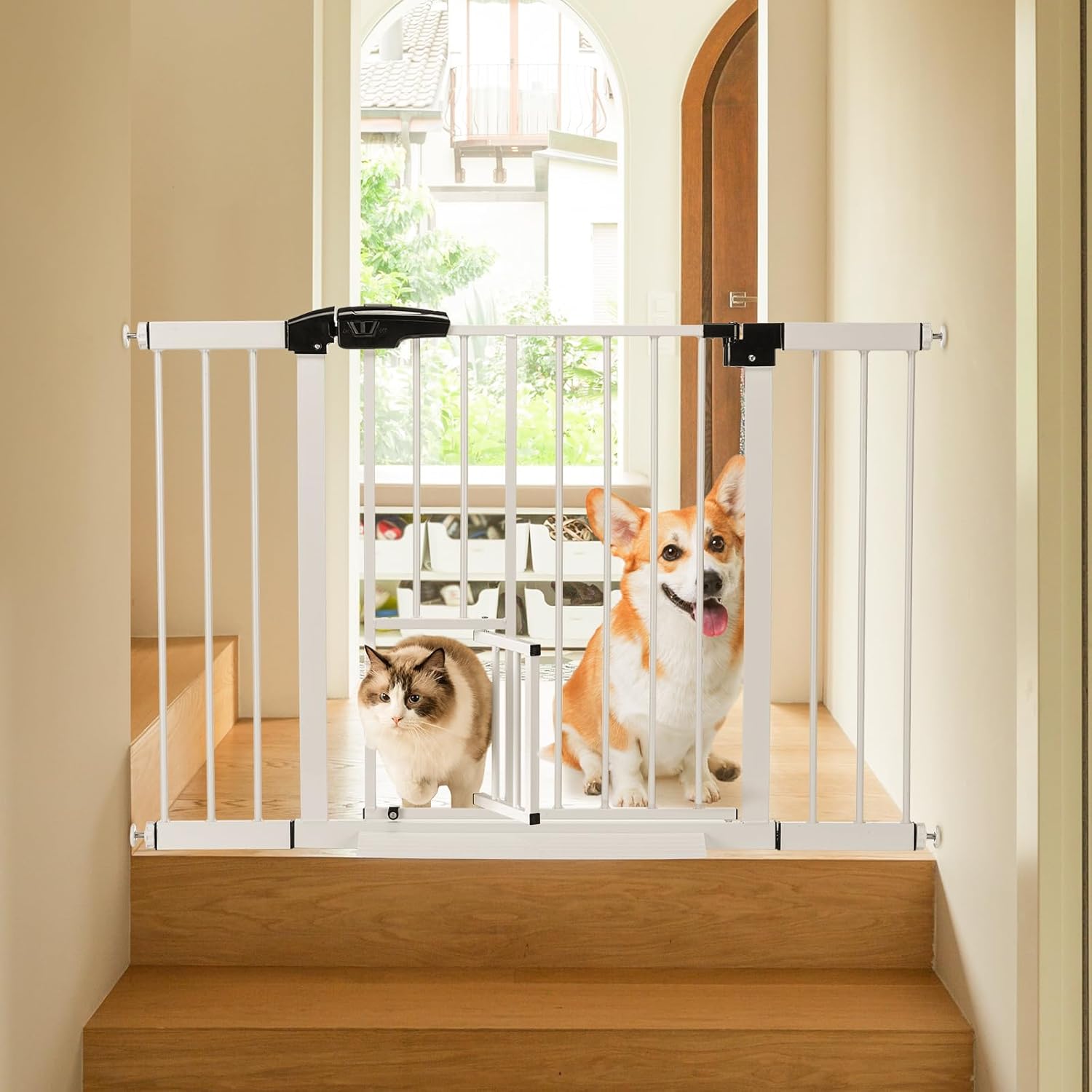 Pet Gate Dogs, Dog Gate Indoor with Cat Door Walk Through Auto Close Pet Gate for Stairs Safety Gate Doggy Gate Pressure Mounted Kit Included