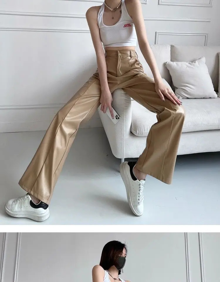 Autumn Winter Straight Leather Pants Women Slim Floor-length Casual Pu Leather Pants for Tall People Loose Wide-leg Pants 250224