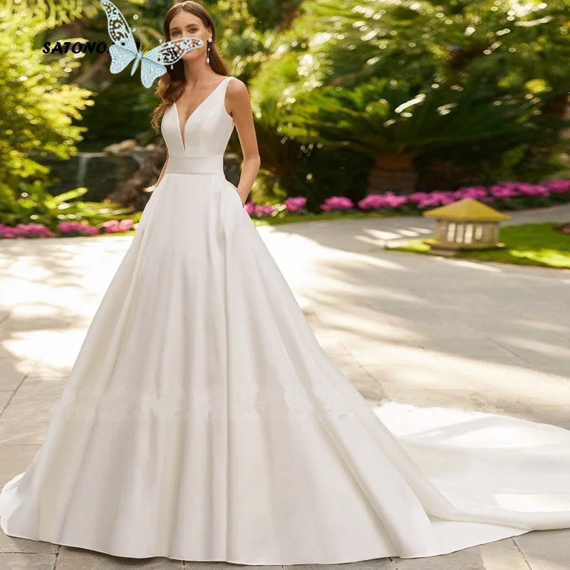 Elegant Simple V-Neck Satin Wedding Dresses for Women A-Line Sweep Train Backless Bridal Gowns with Pockets Bow Vestidos De Novia