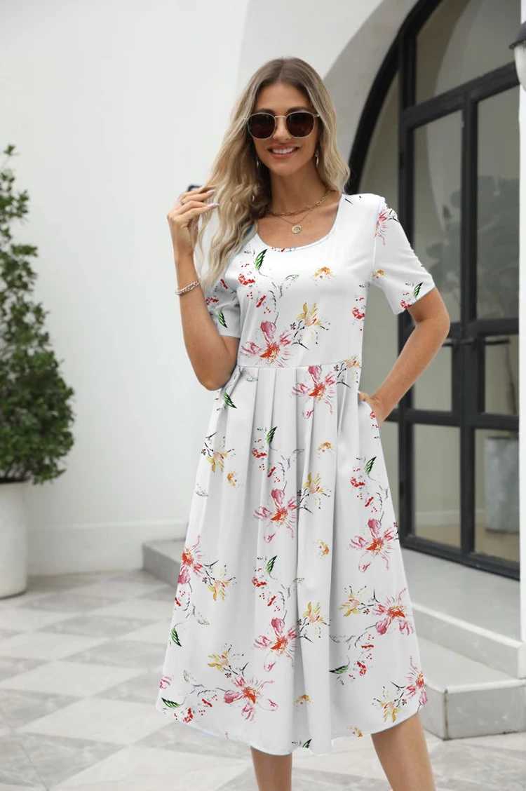 2024 European and American Summer New Womens Ele Printed Round Neck Short Sve Zipper DressXJ250224