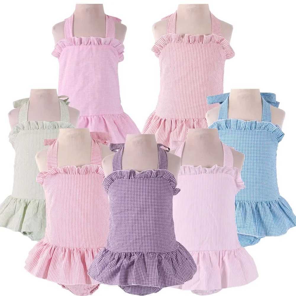 Ruffles Summer 100% Cotton Baby Clothes Toddler Swimsuit Seersucker Infant Kids One Piece Bikini Beachwear Ruffle Girls Swimwear X250224
