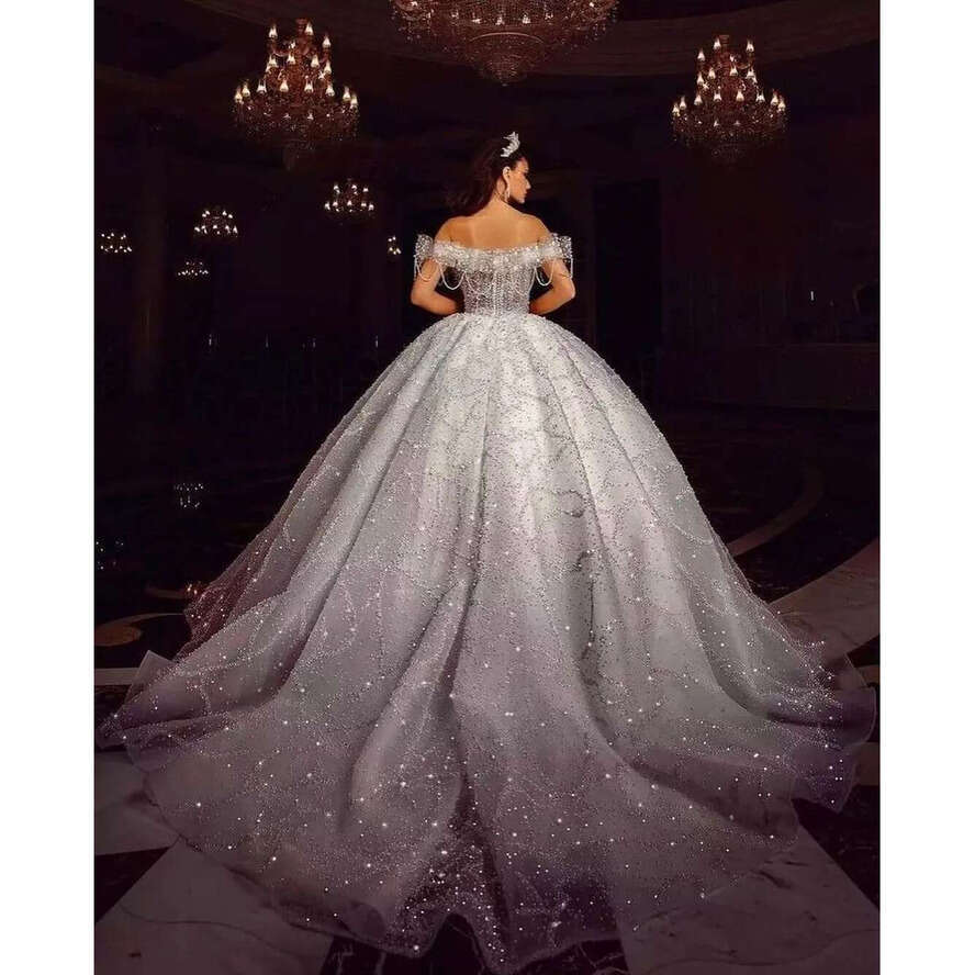 Princess Ball Gown Wedding Dresses Appliques Deep V Neck Off Shoulder Sleeveless Sequins Beads Lace Ruffles Or Length Shiny Bridal Gowns Plus Size Cus