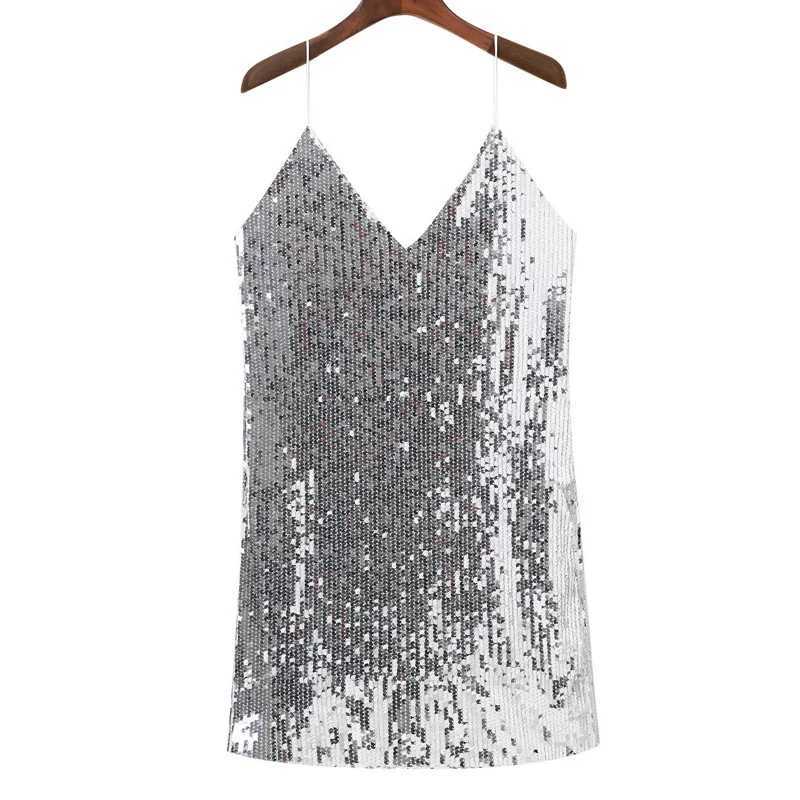 Deep V Neck Silver Sequined Backless Sexy Dress Women Off Shoulder Mini Dress Short Christmas Party Club Strap DressesXJ250224