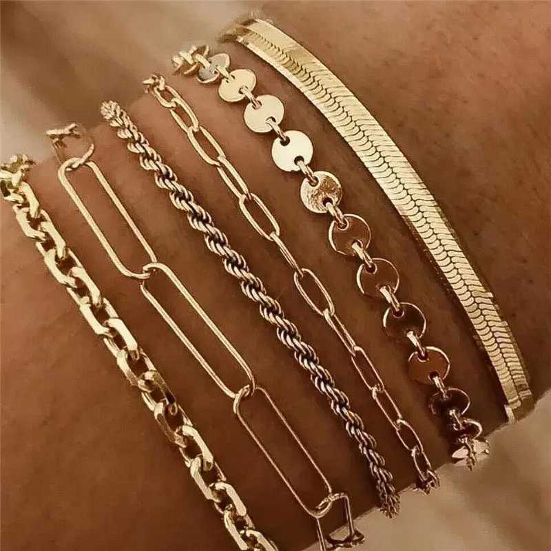 6 pcs Punk Vintage Gold Color Snake Twists Chain Bracelets Set Fashion Chain Gorgeous Bracelets For Women Jewelry Luxury GiftXJ250225