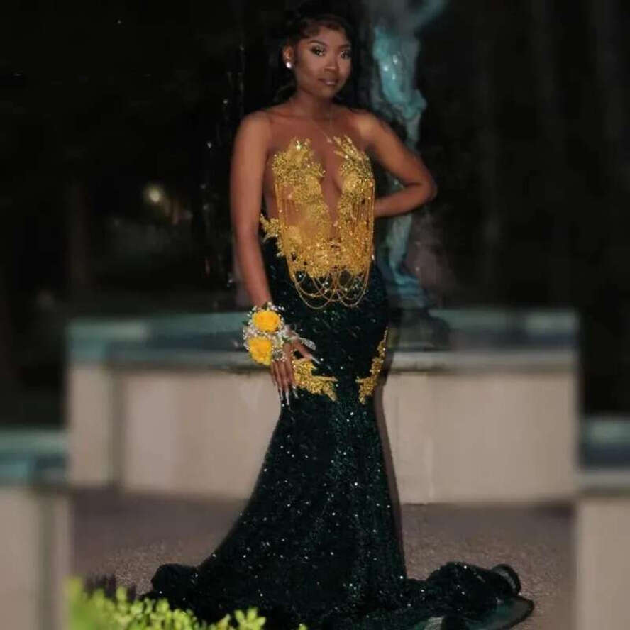 Dark Green Prom Dresses For Black Girls Rhie Tassel Mermaid Party See Through Evening Ocn Gowns