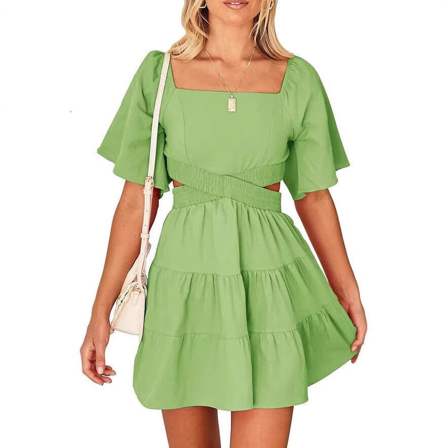 European American Spring/Summer New Women's Solid Color Elastic Waist Fresh And Sweet Square Neck Short Dress